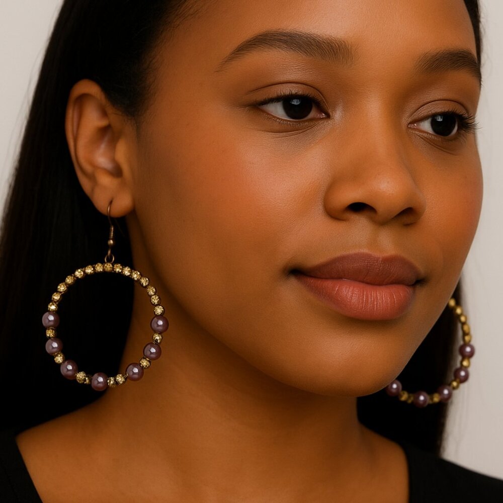 Paparazzi Purple Pearl‎ & Gold Rhinestone Hoop Earrings – Glam Statement Dangles